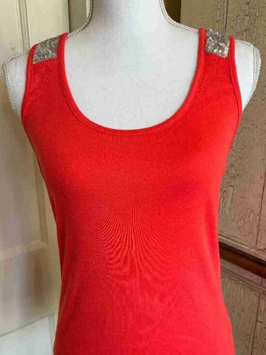 Tops - Red Ribbed Tank Top Silver Sequin Back Sleeveless